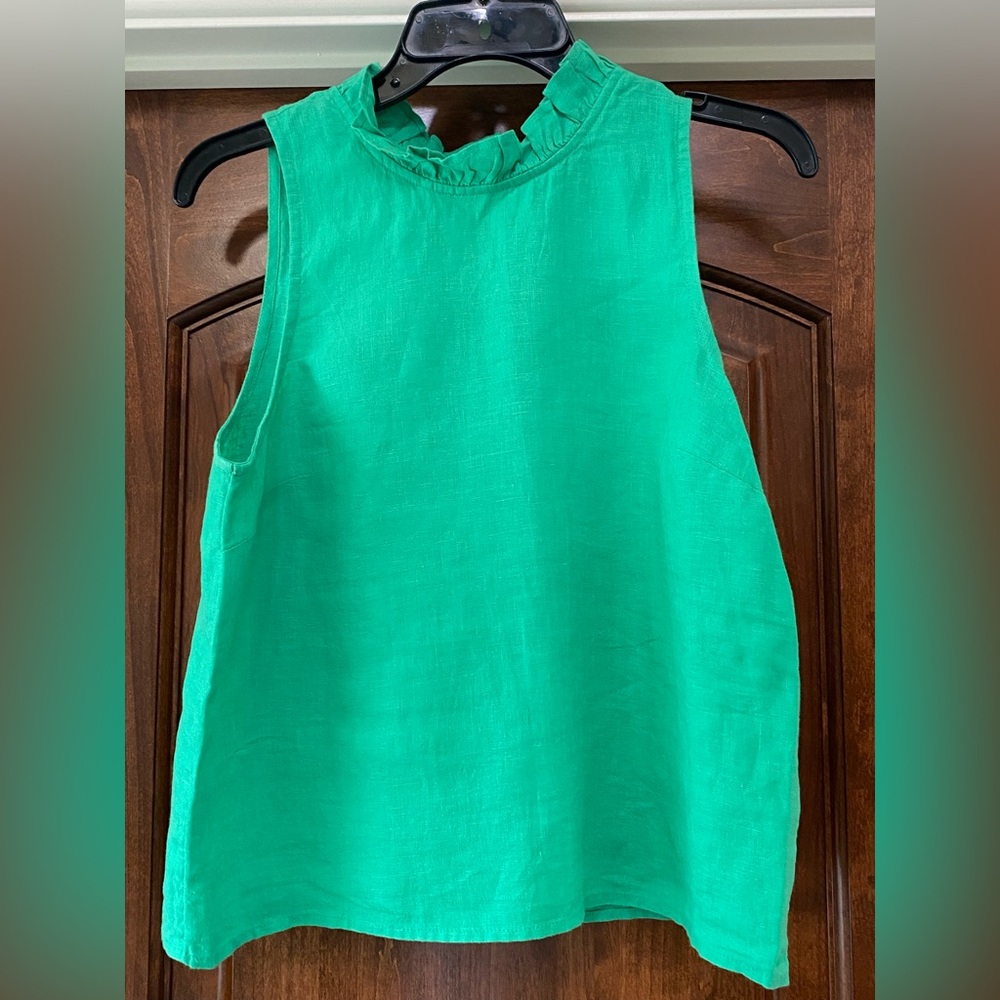 J. Crew Sleeveless Linen Ruffle Neck Blouse in green Sz S